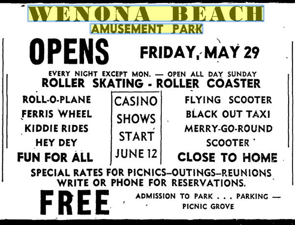 Wenona Beach Amusement Park (Wenona Beach, Wenonah Park) - May 1953